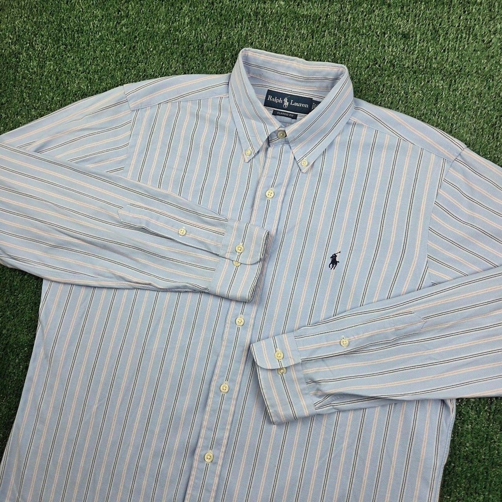 Ralph Lauren Mens Classic Fit Striped Oxford Shirt Blue Pink 15.5 34/35